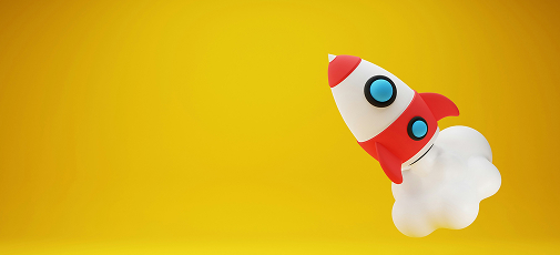 Red and white cartoon rocket launching with smoke against a yellow background.