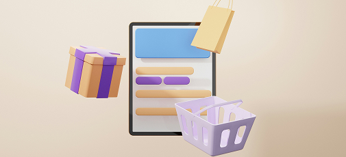 Digital tablet screen with online shopping interface surrounded by floating shopping basket, gift box with ribbon, and paper bag icons.