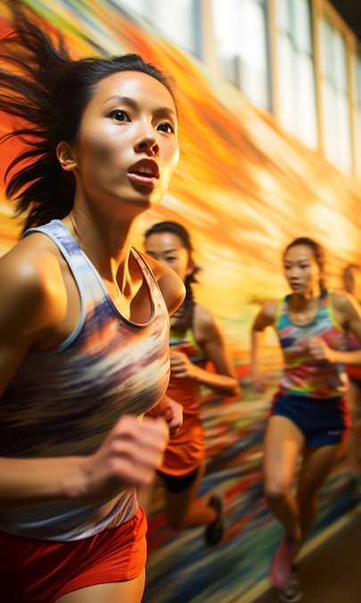 Focused young woman in athletic wear running indoors with other runners blurred behind her against a colorful mural backdrop.