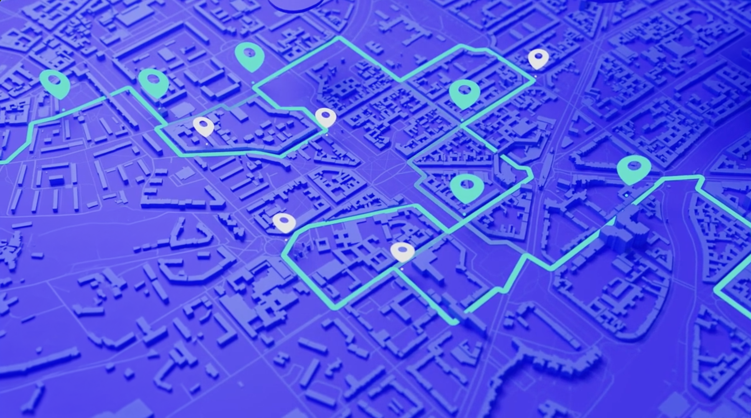 Stylised blue city map with a delivery route and parcel location pins