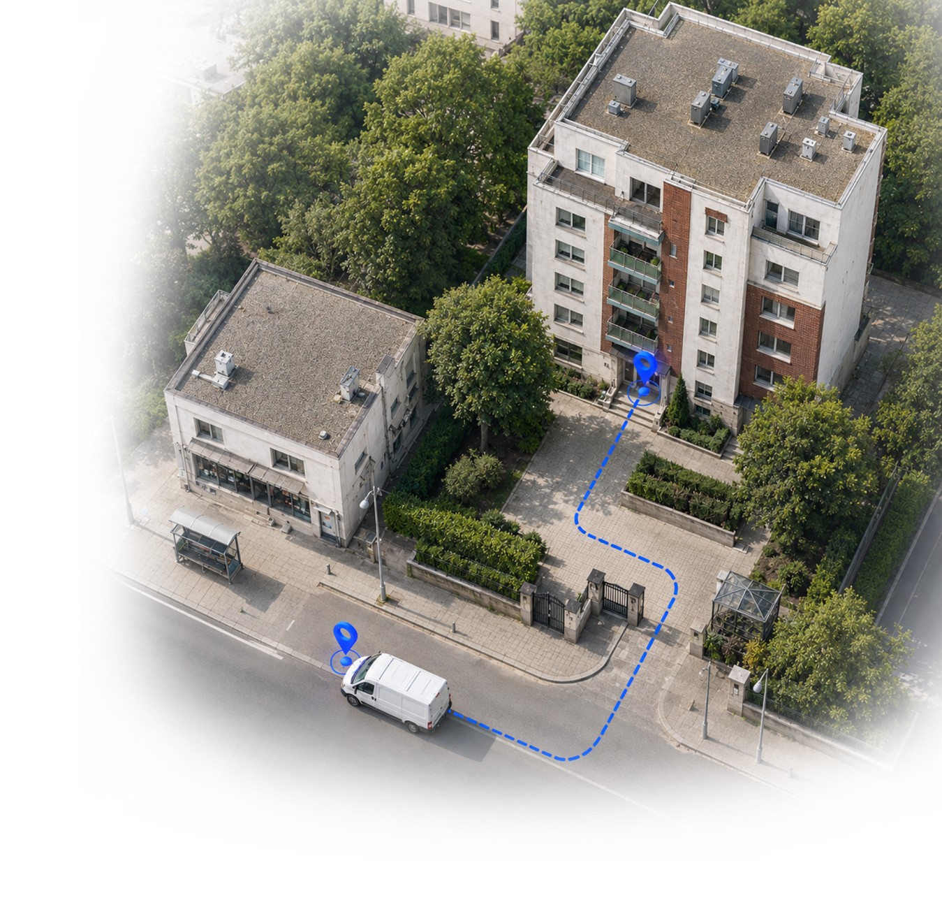 Aerial view of a residential block with a delivery van and mapped access points