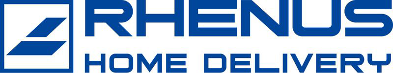 Rhenus Home Delivery logo consisting of a blue stylized triangular symbol inside a square, with the word RHENUS in bold uppercase blue letters and HOME DELIVERY below in smaller blue uppercase letters.