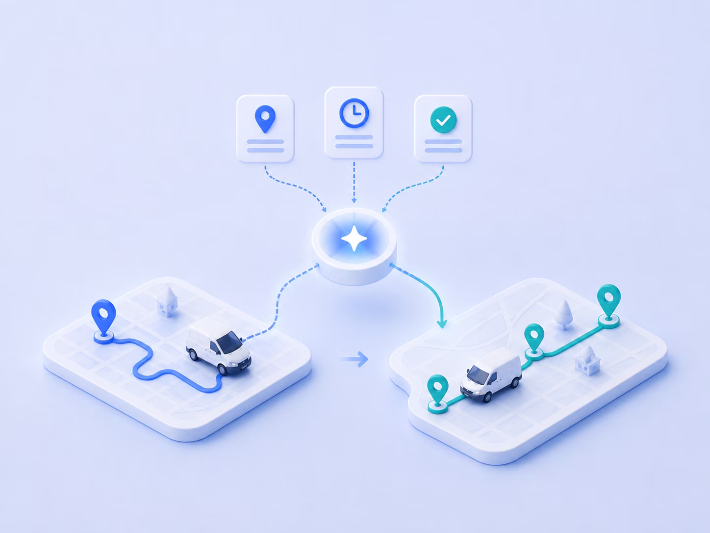 A winding delivery route redrawn as a direct one after delivery data feeds back in