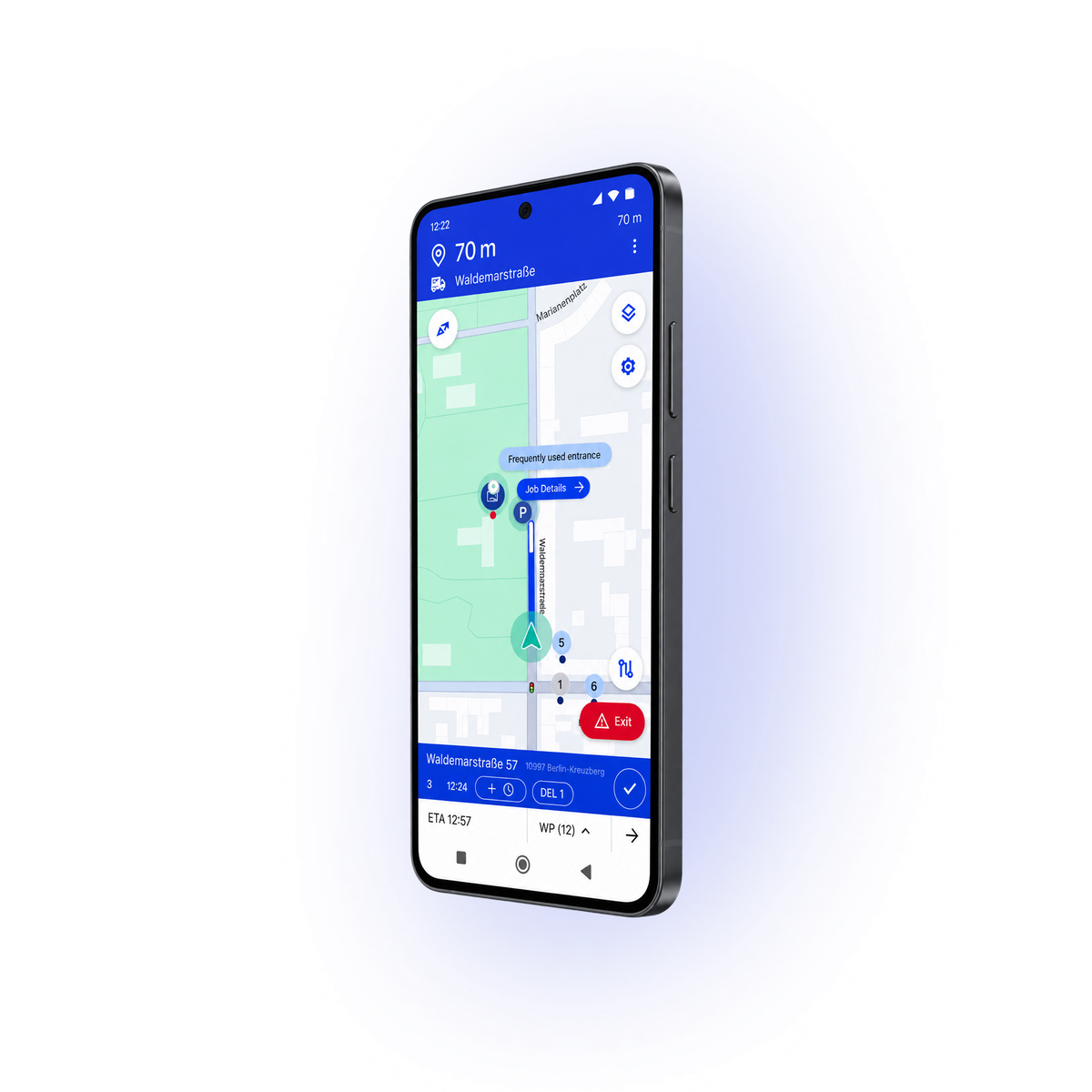 Computer screen displaying Bettermile software with a live status map showing multiple location markers and a table listing tours, subcontractors, drivers, waypoints, unscheduled jobs, app usage status, and tracking data.