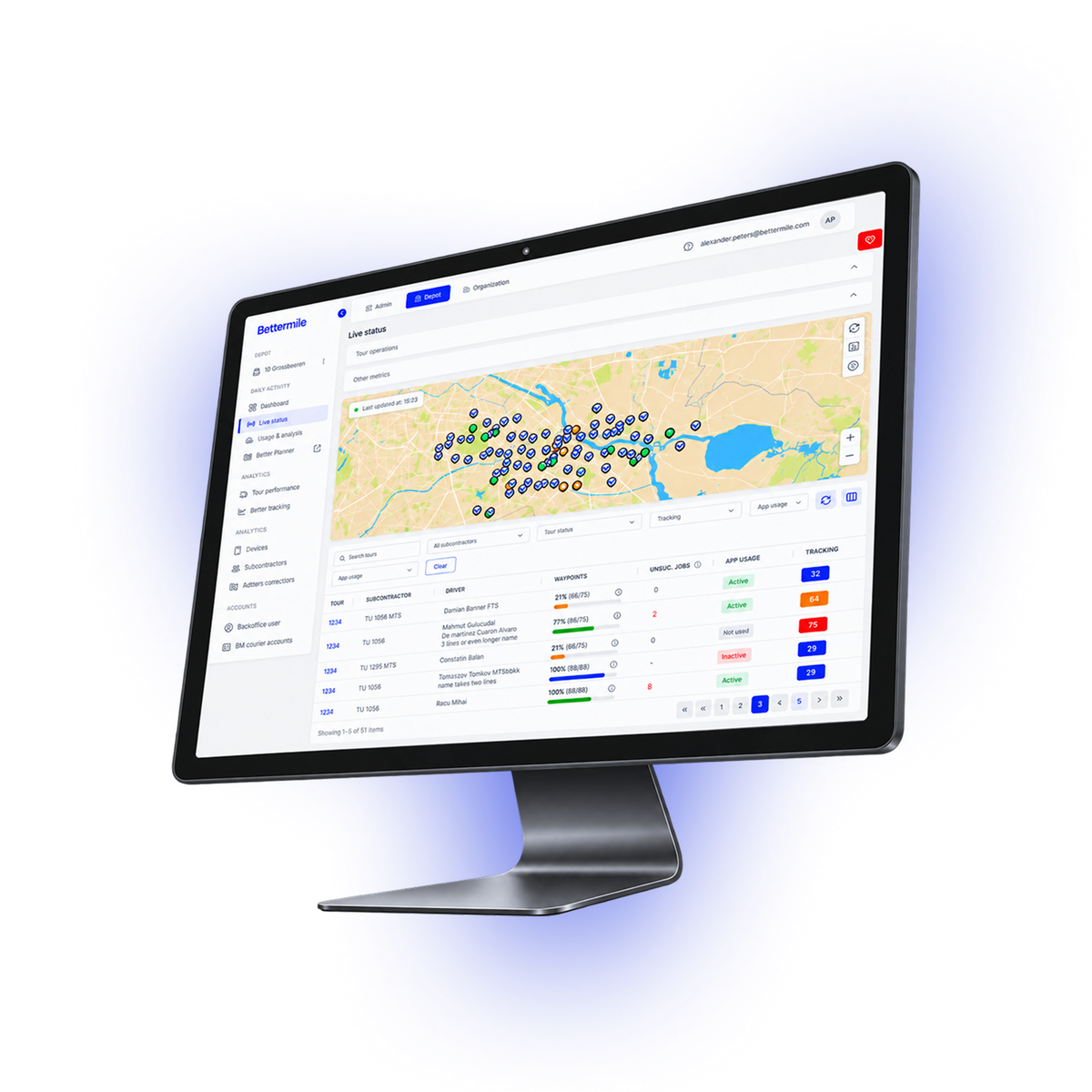 Computer screen displaying Bettermile software with a live status map showing multiple location markers and a table listing tours, subcontractors, drivers, waypoints, unscheduled jobs, app usage status, and tracking data.