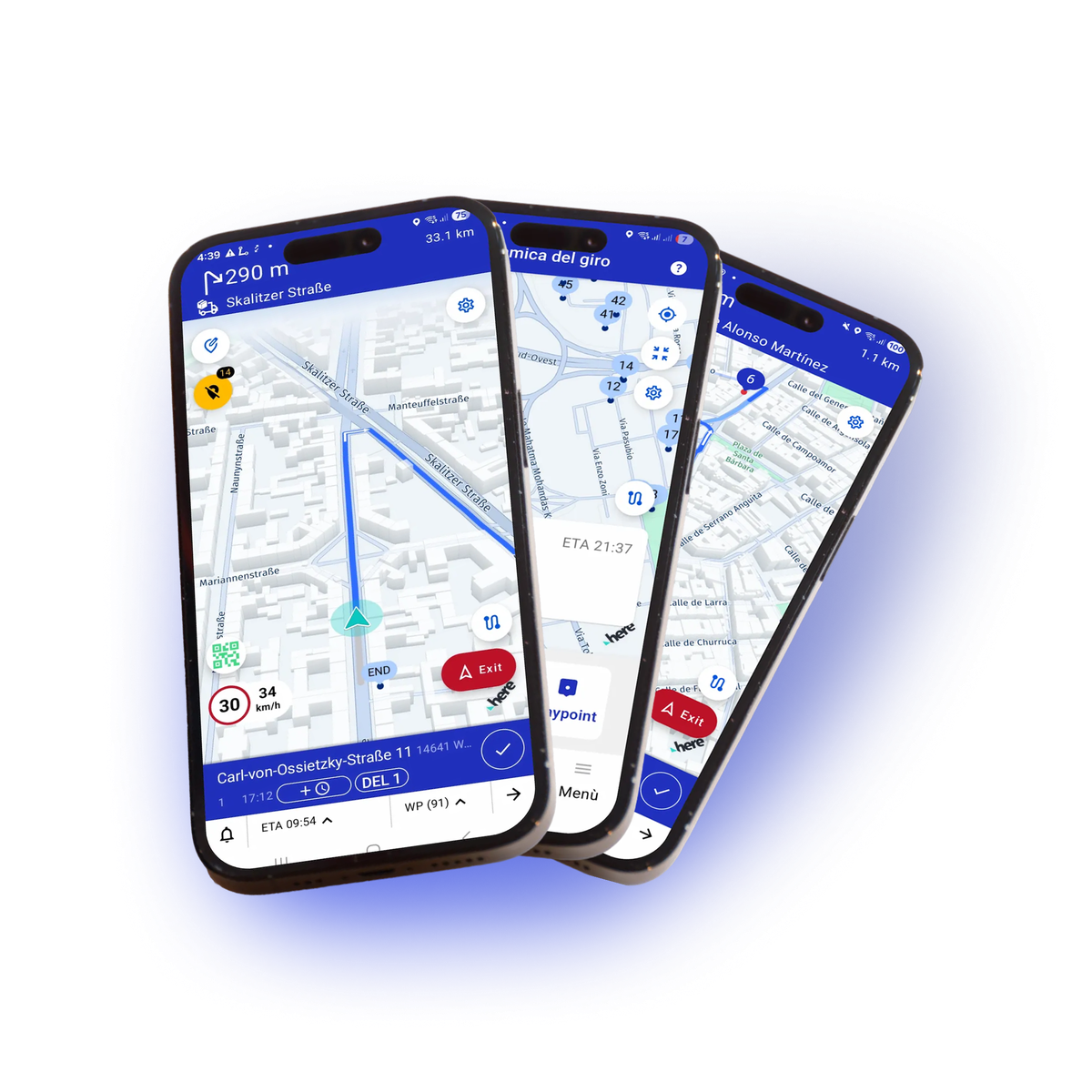 Computer screen displaying Bettermile software with a live status map showing multiple location markers and a table listing tours, subcontractors, drivers, waypoints, unscheduled jobs, app usage status, and tracking data.