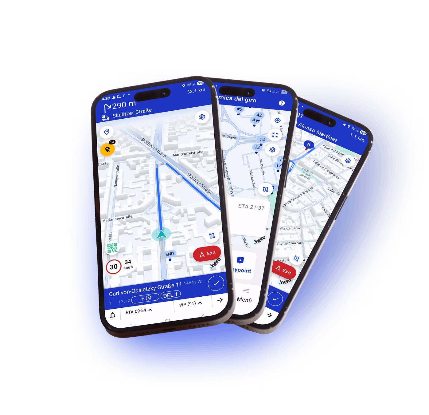 Computer screen displaying Bettermile software with a live status map showing multiple location markers and a table listing tours, subcontractors, drivers, waypoints, unscheduled jobs, app usage status, and tracking data.