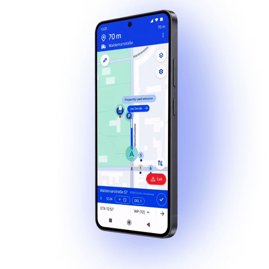 Computer screen displaying Bettermile software with a live status map showing multiple location markers and a table listing tours, subcontractors, drivers, waypoints, unscheduled jobs, app usage status, and tracking data.