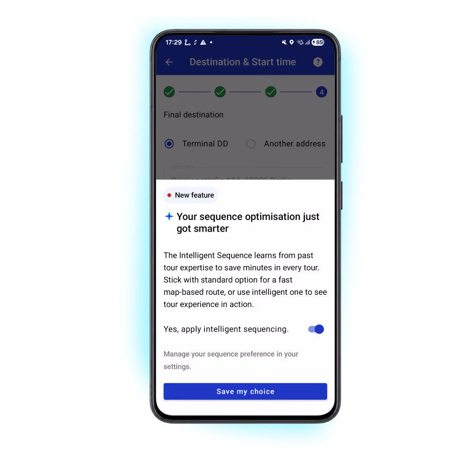 Better Route app showing the intelligent sequencing setting