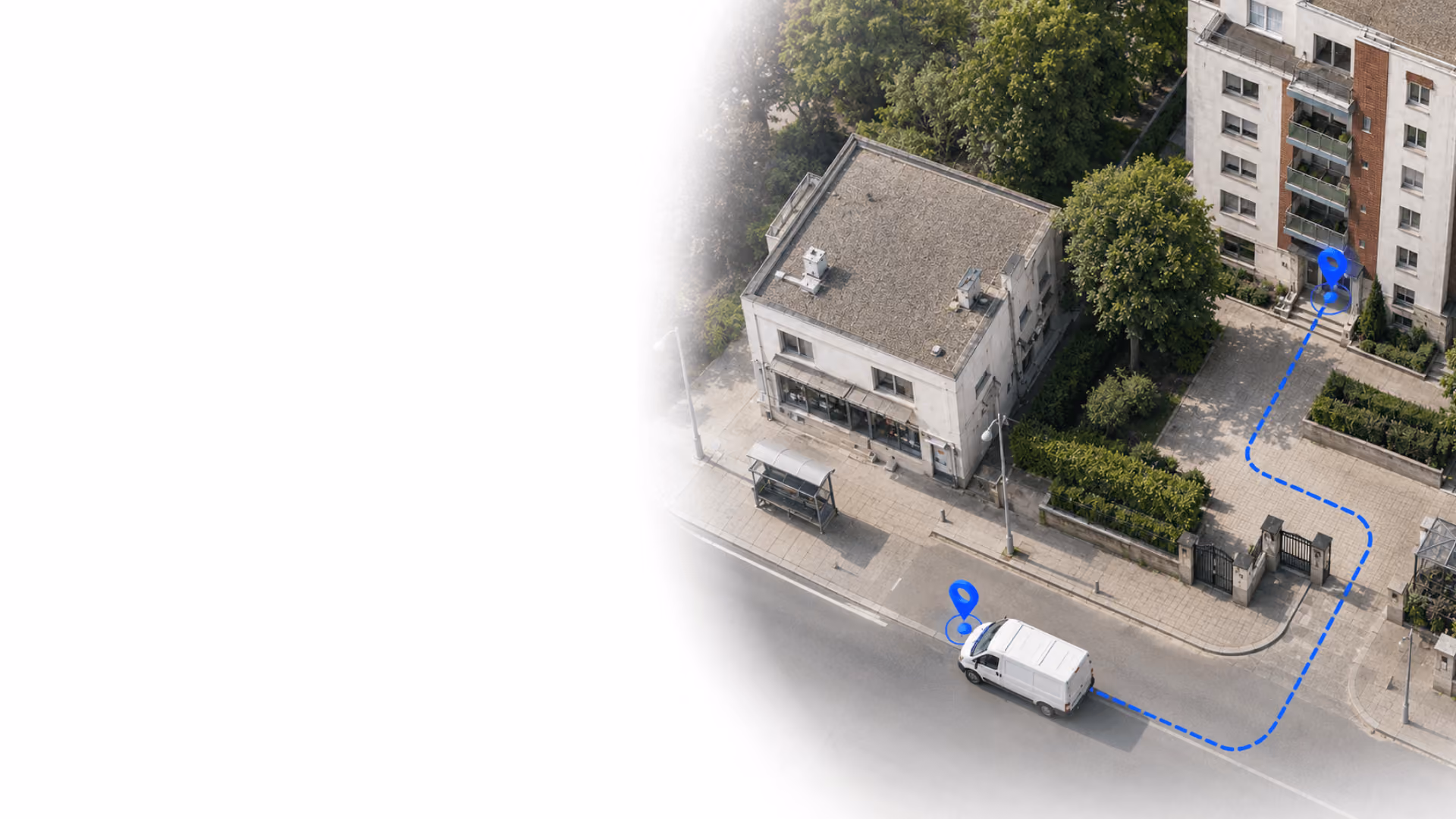 Aerial view of a residential block with a delivery van and mapped access points