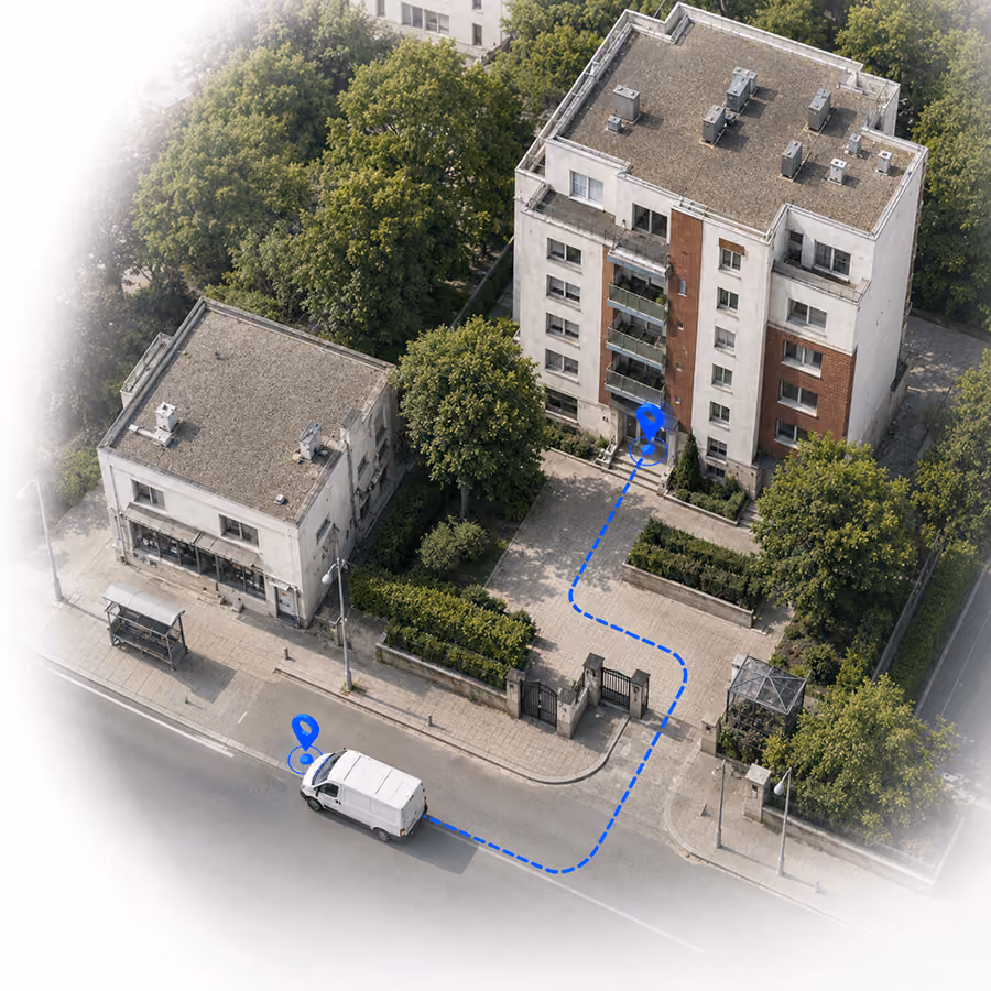 Aerial view of a residential block with a delivery van and mapped access points
