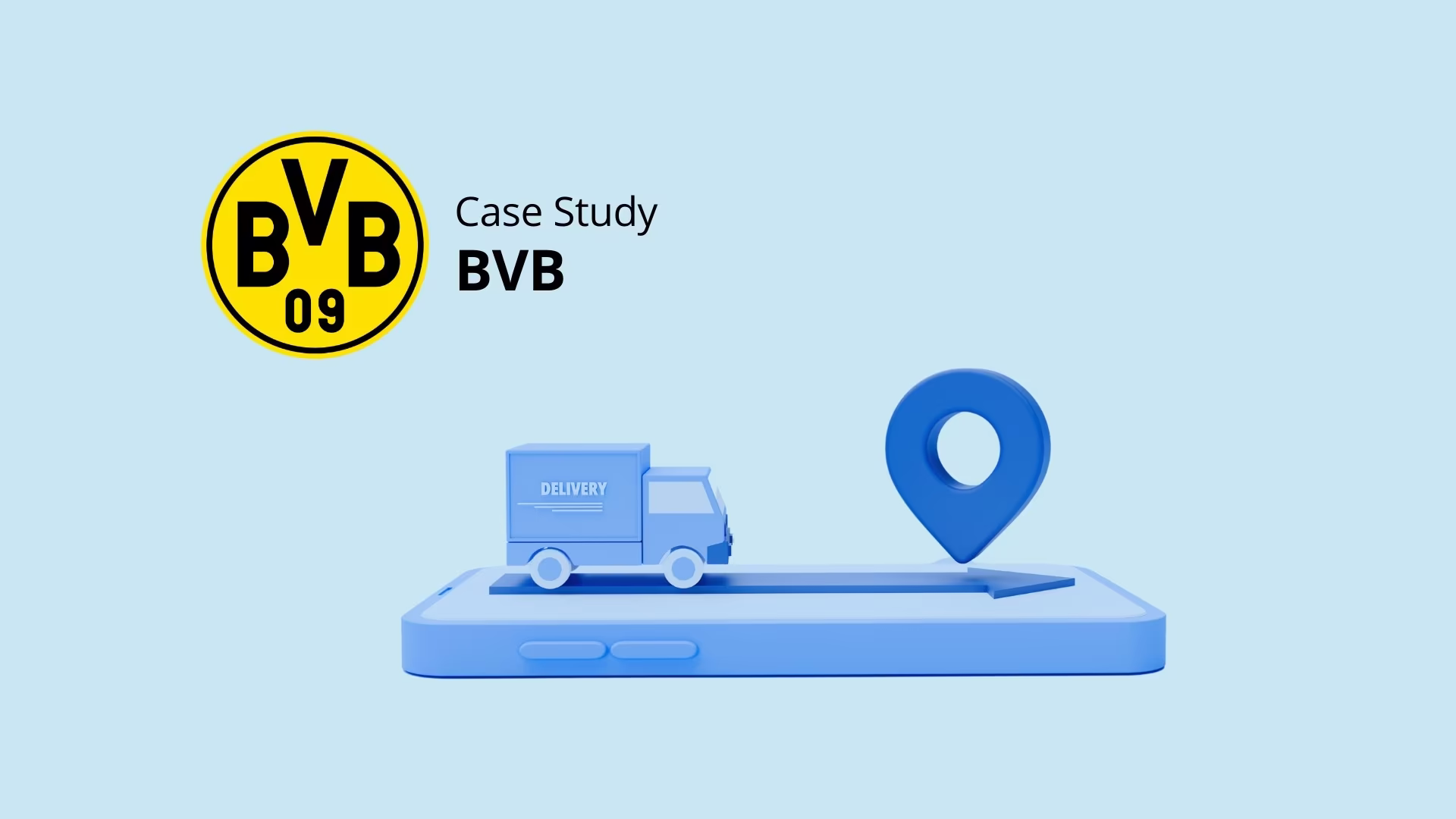 BVB 09 logo with the caption Case Study BVB next to a 3D illustration of a delivery van and a location pin on a phone