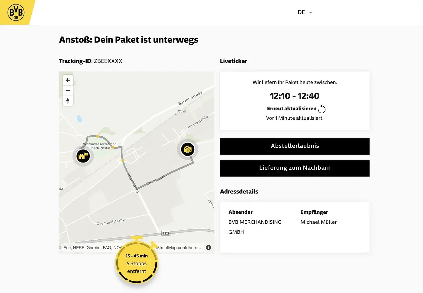 GLS parcel with BVB fan merchandise being tracked in real time