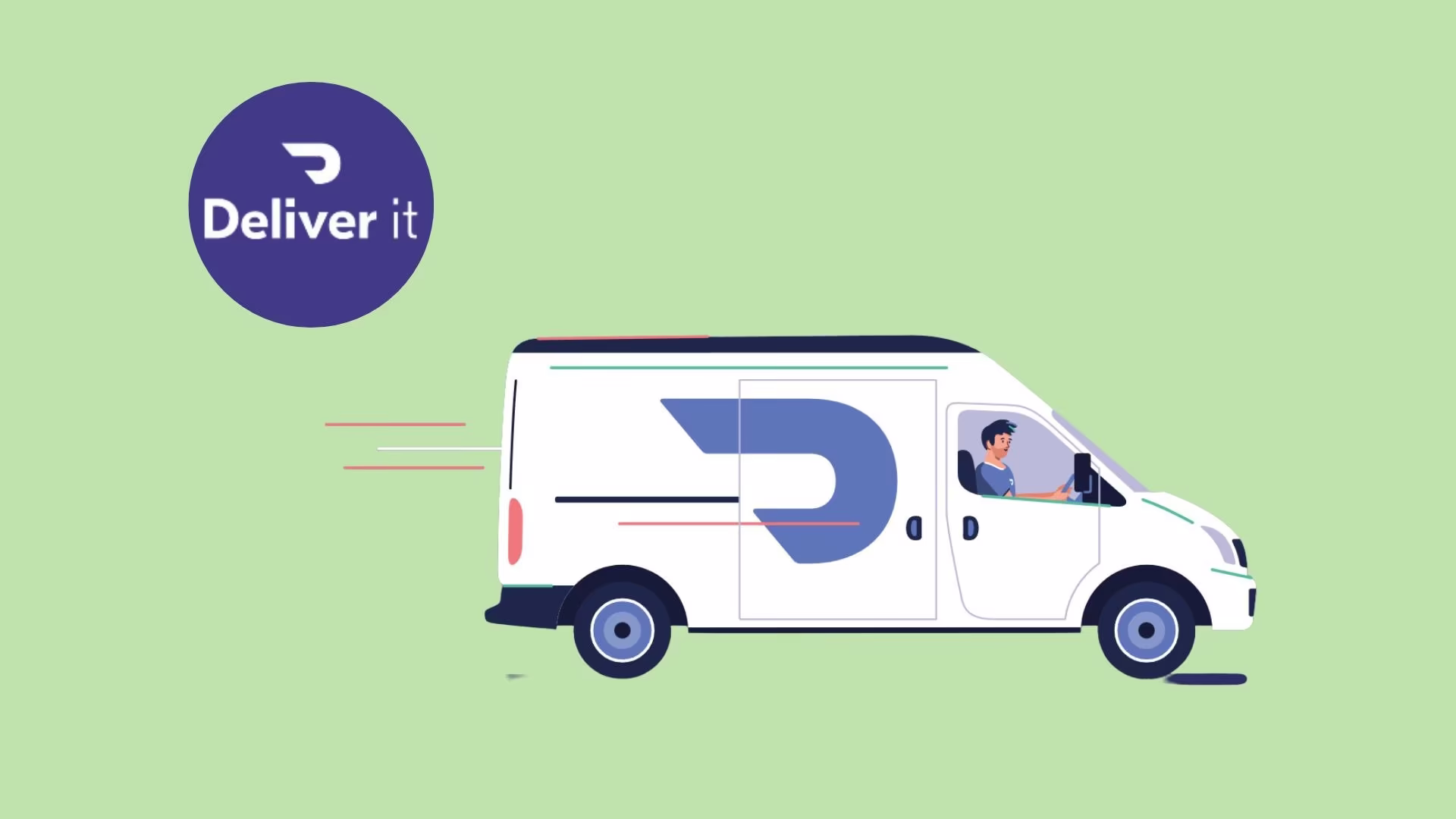Deliver it logo with an illustration of a white delivery van on a green background