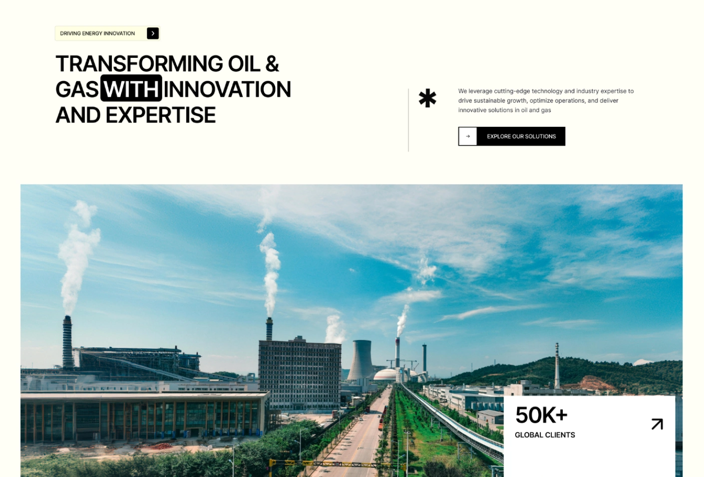 Industrial oil and gas facility with multiple smokestacks emitting white smoke under a blue sky.