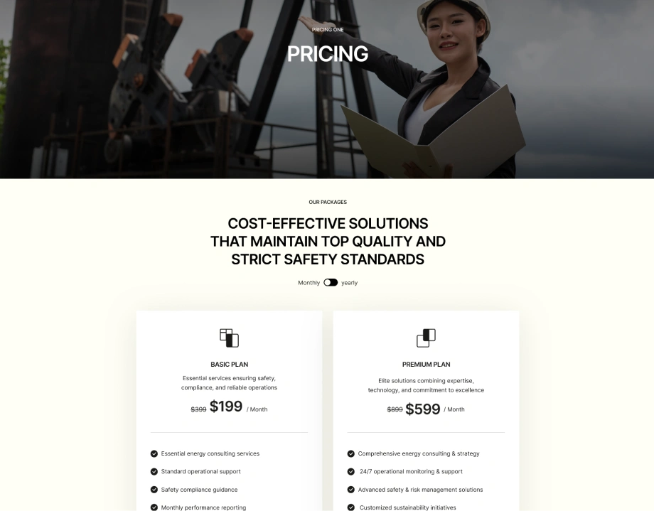 Pricing page showing a woman in a hard hat presenting with an oil rig in the background, and two pricing plans labeled Basic Plan at $199/month and Premium Plan at $599/month with their features.