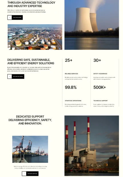 Industrial facility with multiple storage tanks next to a cityscape; cooling towers by a water body; port cranes loading containers; and a power plant with three tall smokestacks under a cloudy sky.