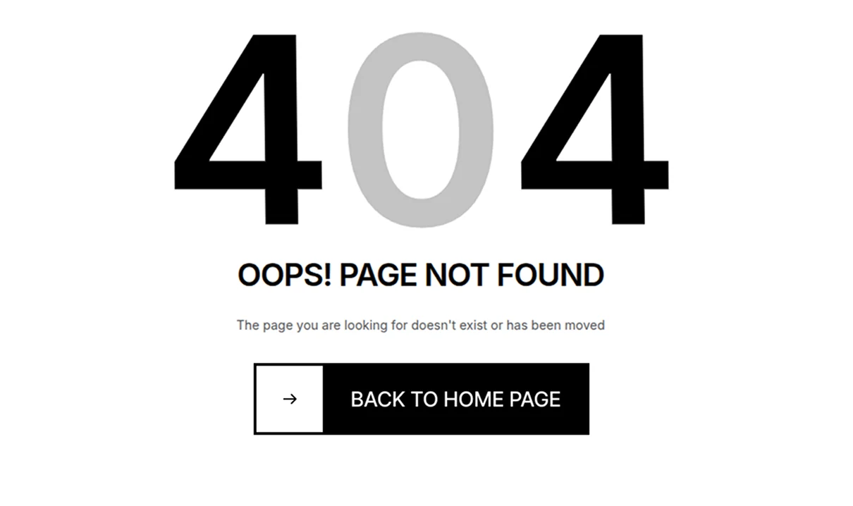 Error 404 page with message 'Oops! Page not found' and a button labeled 'Back to Home Page'.
