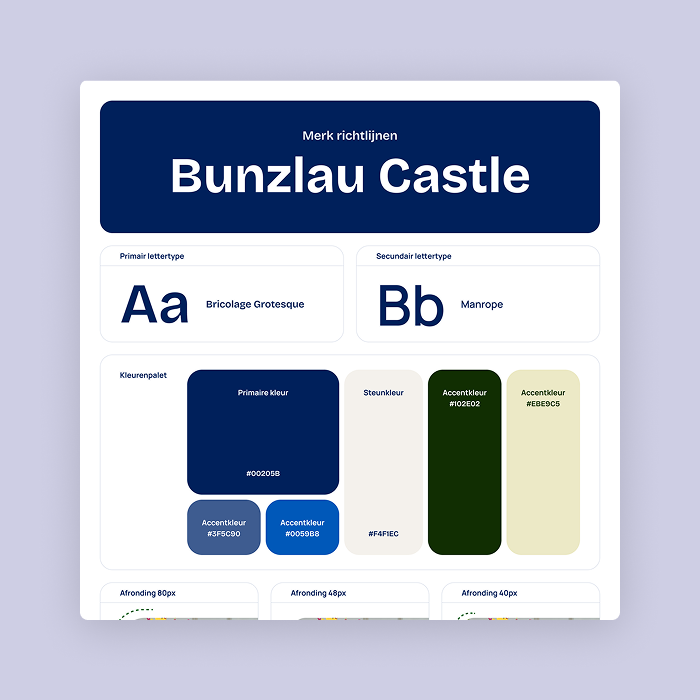 Bunzlau Castle brand guide showing fonts Bricolage Grotesque and Manrope, color palette, and rounding styles.