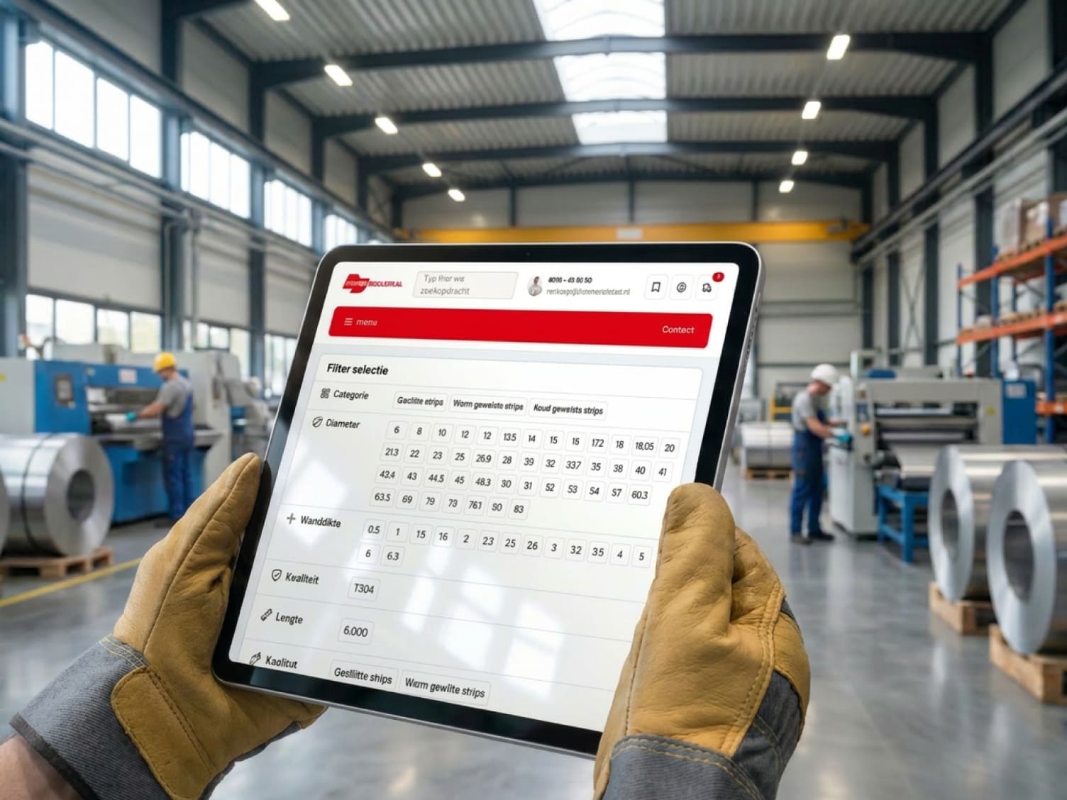 Persoon met werkhandschoenen die een tablet vasthoudt met productfilters in een fabriekshal.