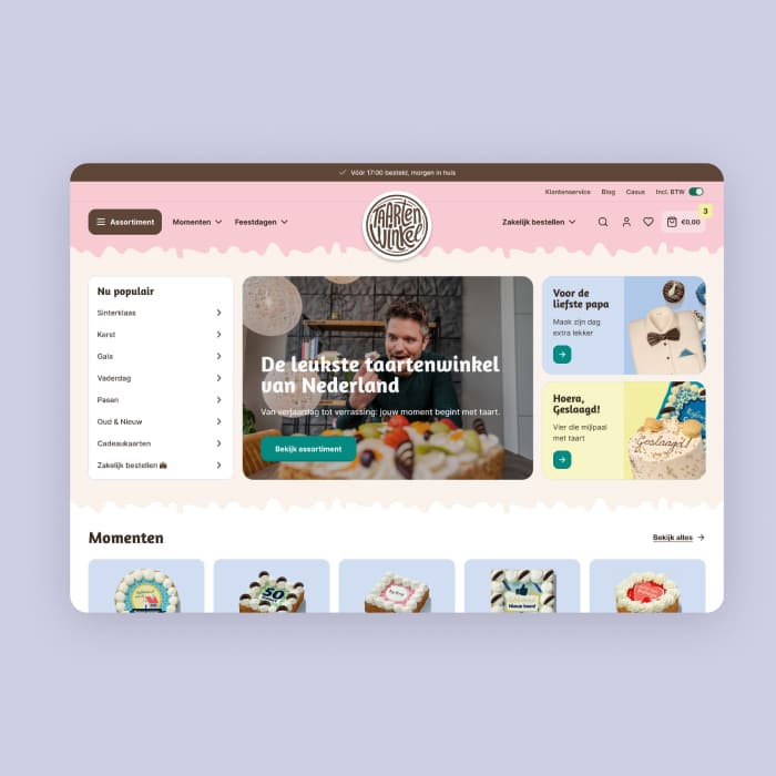 Website homepage of Taartenwinkel with cake categories and a man behind a cake display.