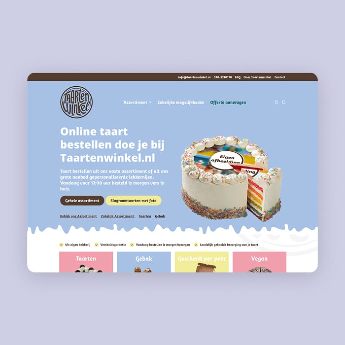 Website homepage offering online cake orders with customizable whipped cream cakes and various assortments.