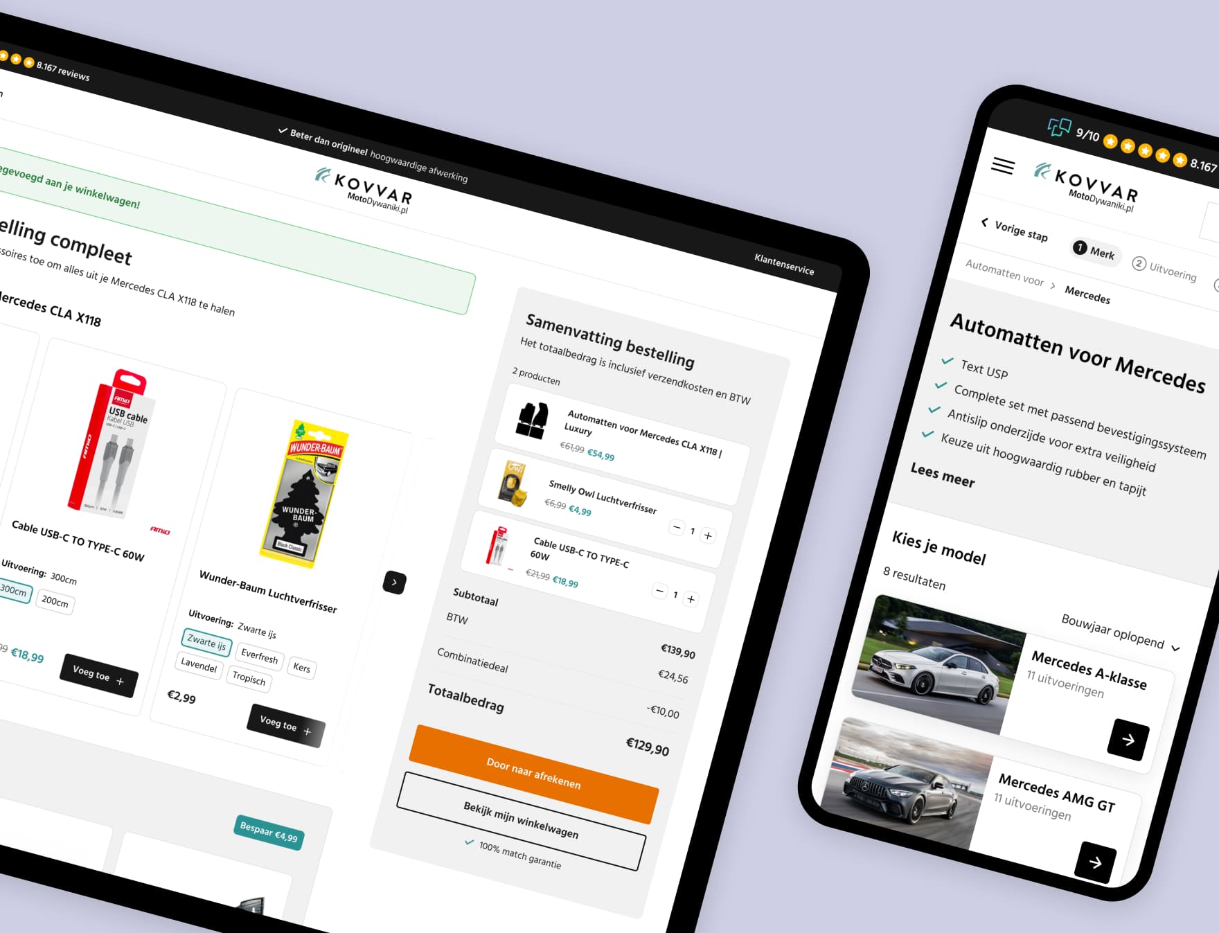 Tablet en smartphone met webshop voor Mercedes automatten en accessoires in het Nederlands.