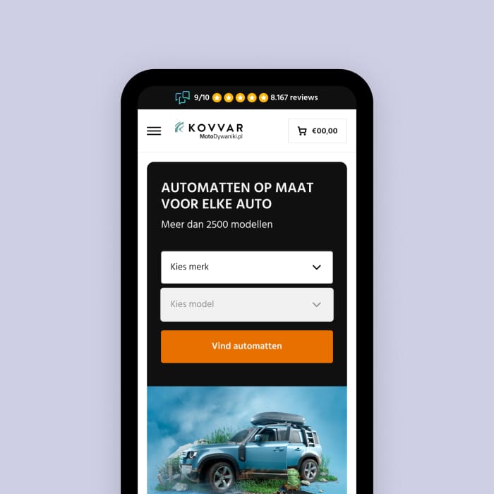 Mobiele website voor Kovvar met keuzeopties voor automerken en modellen en een blauwe SUV-afbeelding.