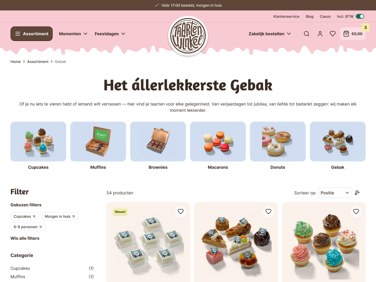 Website page showing assorted cupcakes, muffins, brownies, macarons, donuts, and other pastries for sale.