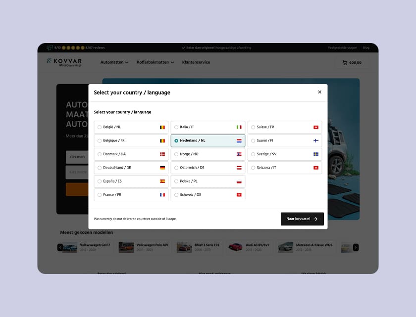 Landen- en taalkeuzemenu met geselecteerd Nederland/NL op een autovloermattenwebsite.