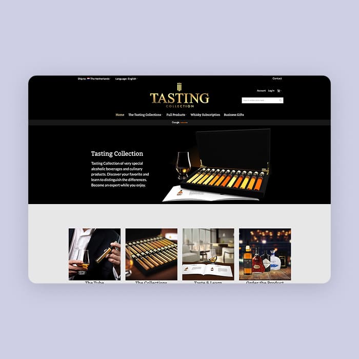 Website page showing Tasting Collection with whiskey samples in a box and a glass of whiskey nearby.