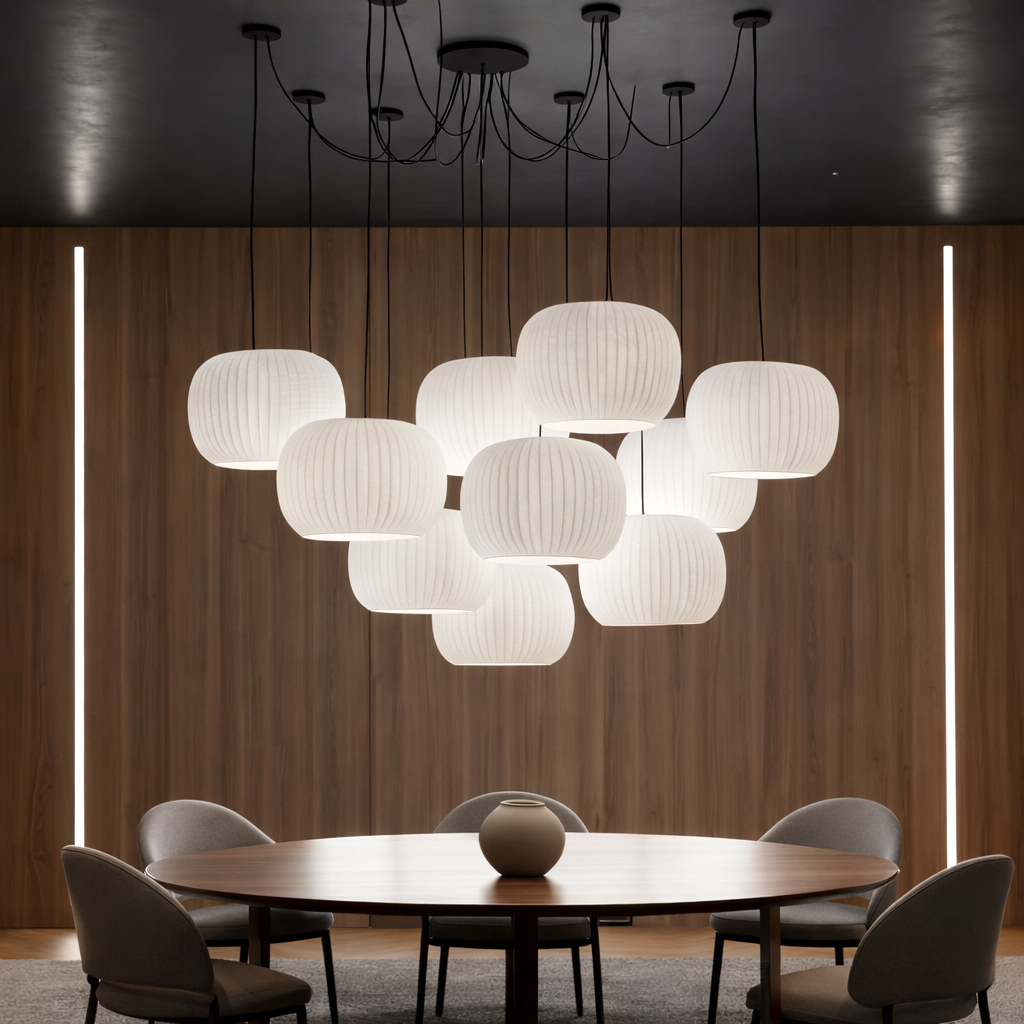 A front view of a large cluster chandelier hanging over a round wooden dining table with six grey chairs in a wood-paneled room.