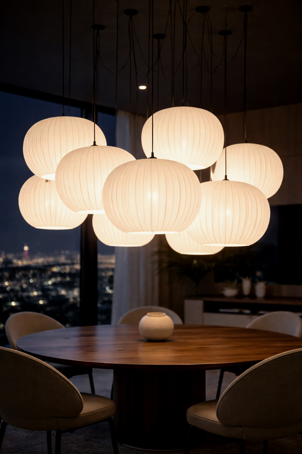A cluster of brightly glowing lantern lights illuminating a dining area at night, with a blurred city view in the background.