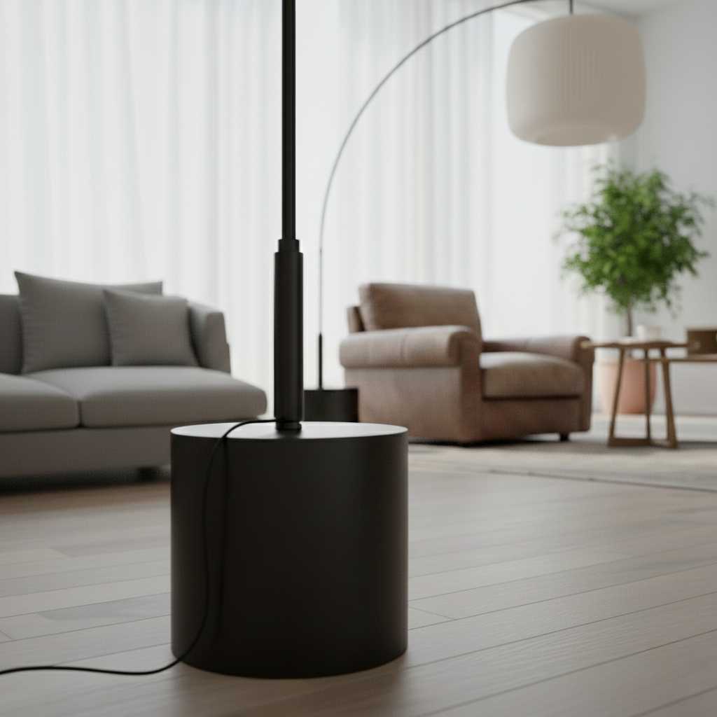 A low-angle detail shot of the lamp's base, showing a heavy, matte black cylindrical pedestal on a light wood floor.