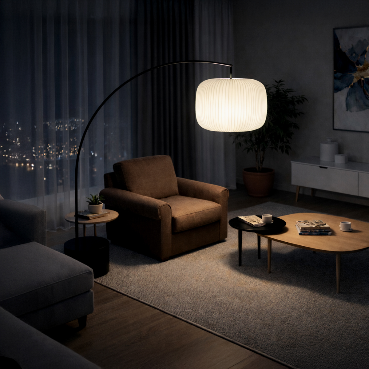 A wide shot of a living room at night. A large, arched floor lamp is illuminated, casting a warm, soft glow over a brown armchair and wooden coffee table.