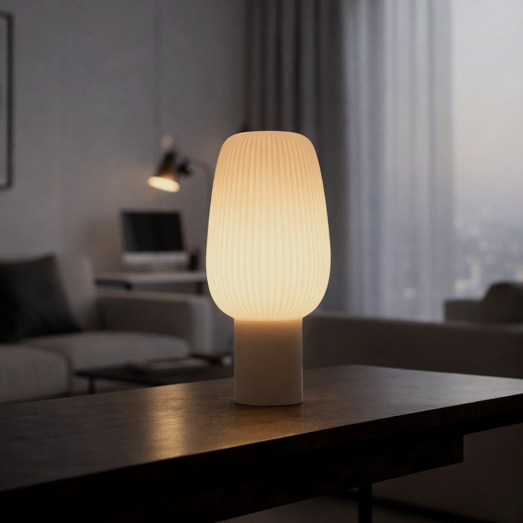 Glowing ribbed table lamp on a dark table, front view in a living room.