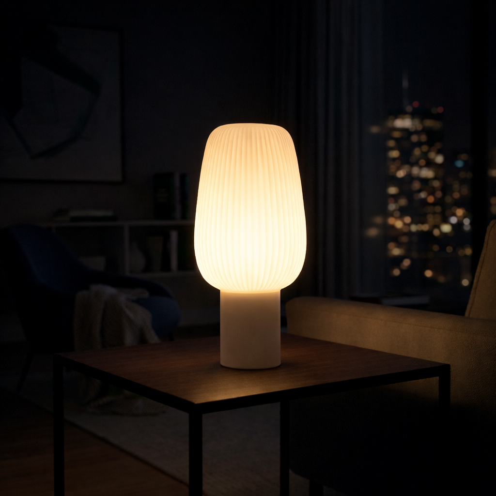 Lit lamp glowing warmly in a dark room with a night city skyline in the background.