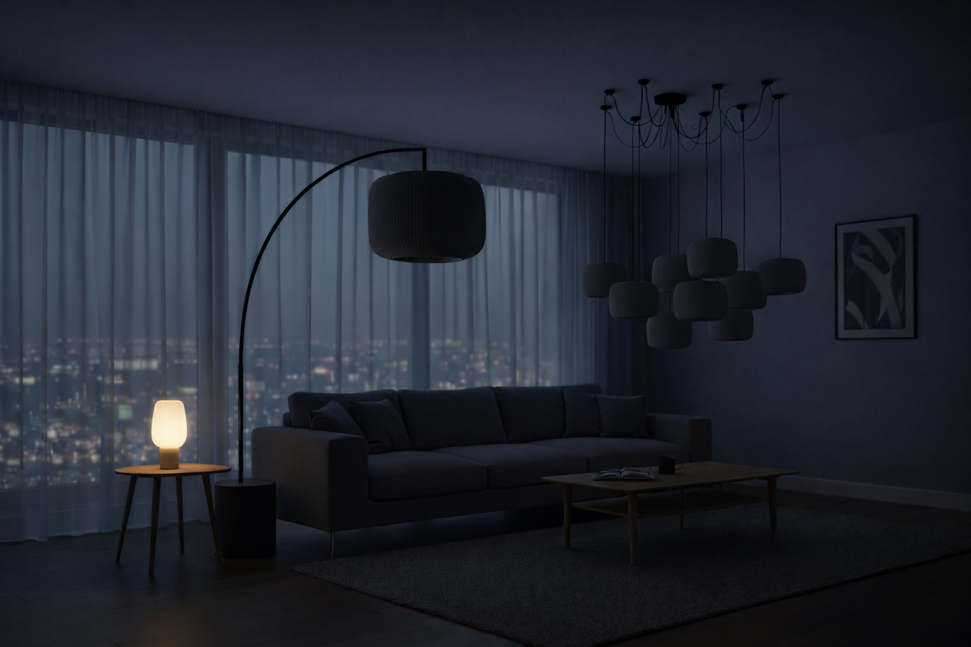 Glowing ribbed table lamp on a side table in a dark living room with a nighttime city skyline view.