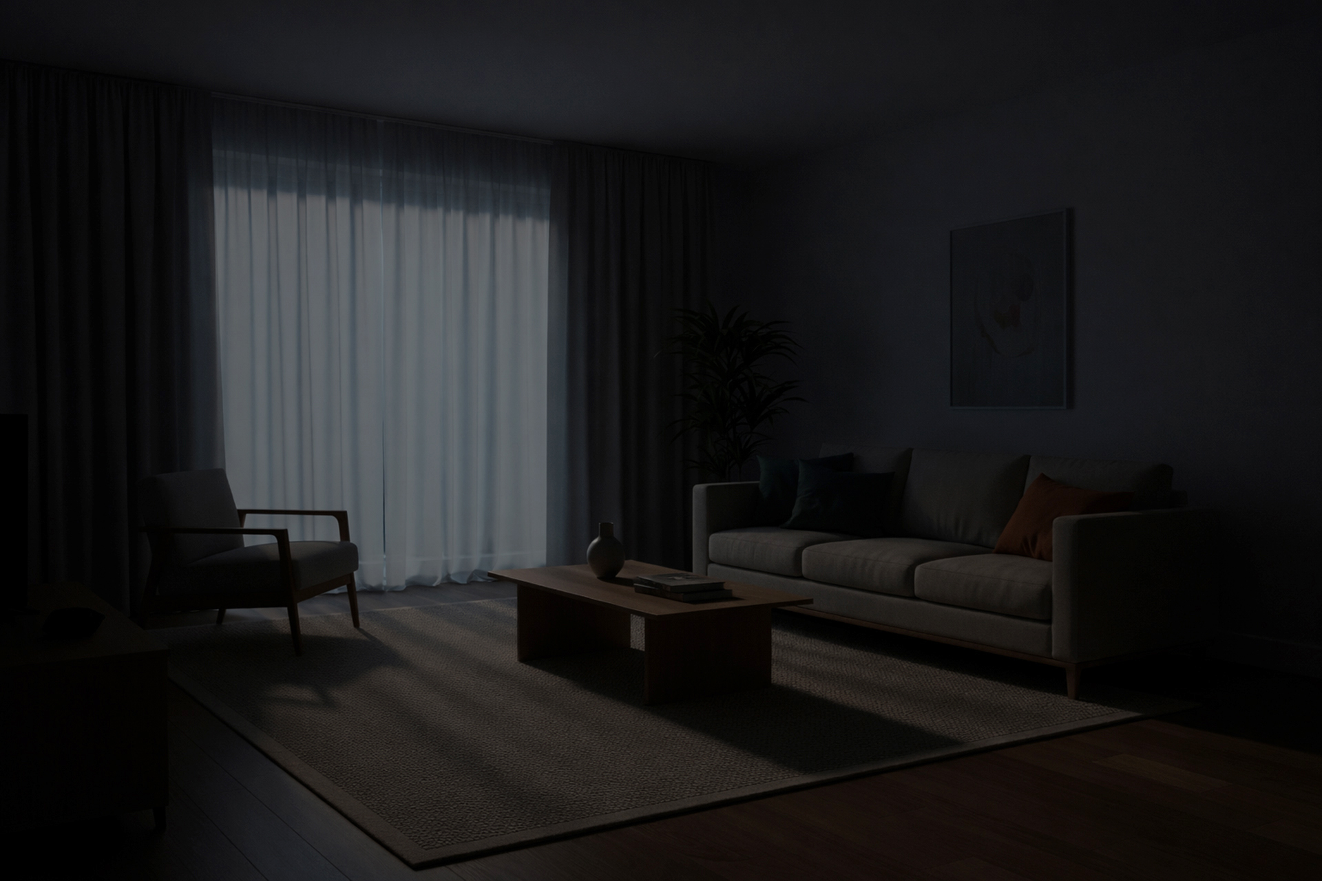 Dark, unlit living room with furniture.
