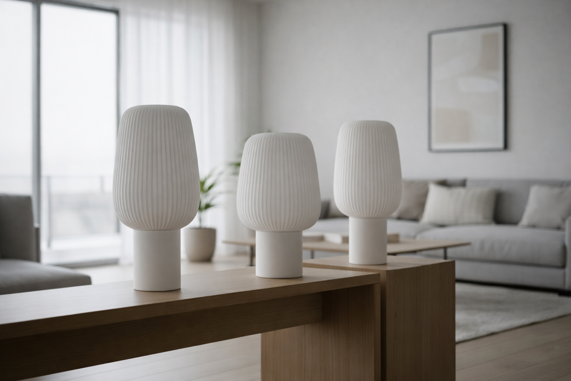Three white, ribbed ceramic table lamps of slightly different heights and shapes displayed on a wooden bench.