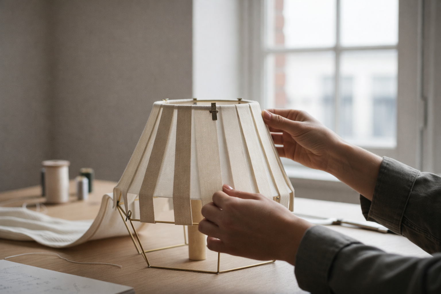 Close-up of hands carefully arranging vertical fabric strips onto a wire lampshade frame on a wooden workbench.