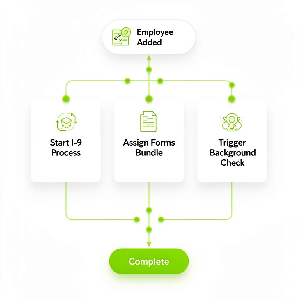 Flowchart showing steps after an employee is added: start I-9 process, assign forms bundle, trigger background check, then complete.