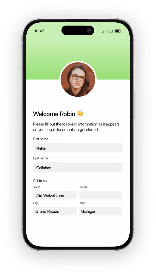 Mobile screen displaying a form welcoming Robin with profile photo and fields filled: First name Robin, Last name Callahan, Address 256 Wetzel Lane, Grand Rapids, Michigan.