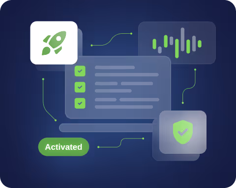 Illustration of a system interface with a rocket icon, checkmarked lists, a data graph, a shield with a checkmark, and an 'Activated' status indicator, all connected with green lines on a dark blue background.