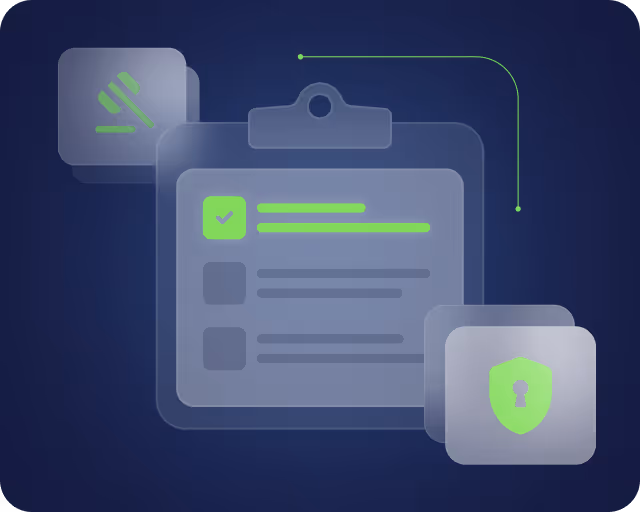Illustration of a clipboard with a checklist, accompanied by icons of a fork and knife and a shield with a keyhole, symbolizing order and security.