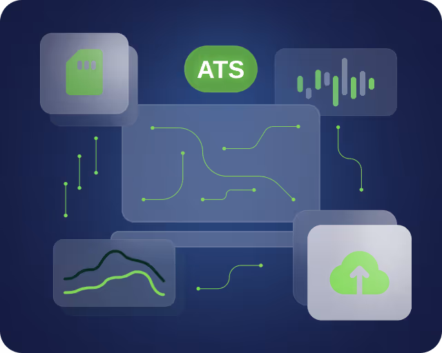 Illustration of a digital interface with an ATS label, circuit-like lines, charts, a SIM card icon, and a cloud upload icon on a dark blue background.