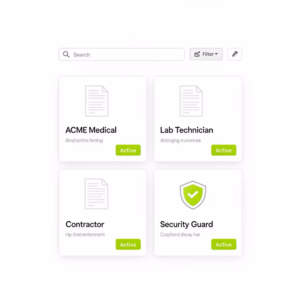 User interface showing four active job roles: ACME Medical, Lab Technician, Contractor, and Security Guard with status tags and search and filter options.