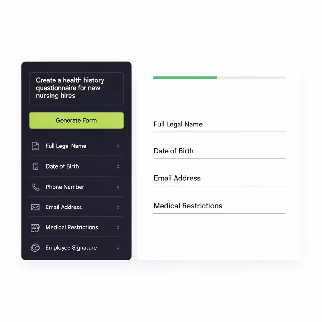Interface for creating a health history questionnaire form for new nursing hires, showing fields for full legal name, date of birth, email address, and medical restrictions.