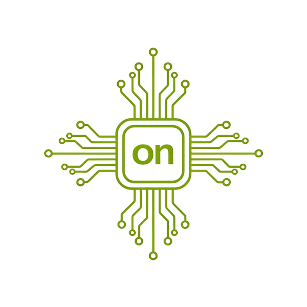 Green circuit board design with the word 'on' in the center on a black background.