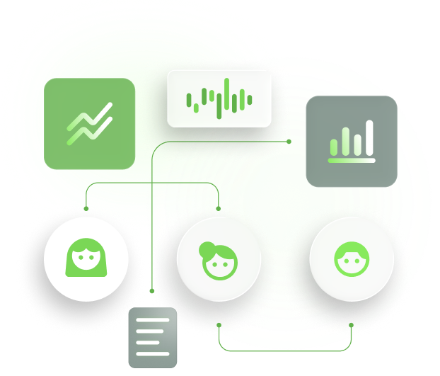 Diagram of connected icons depicting data analysis and user profiles with graphs and a document symbol.